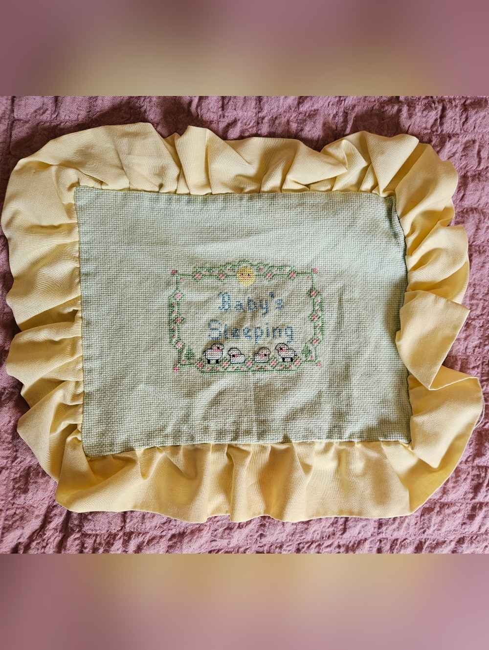 Baby Sleeping Handmade Needlepoint Yellow Nursery Pilllow Cover